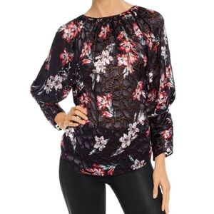 Rebecca Taylor Sheer Floral Black Silk Blend Keyhole Blouse Size 2